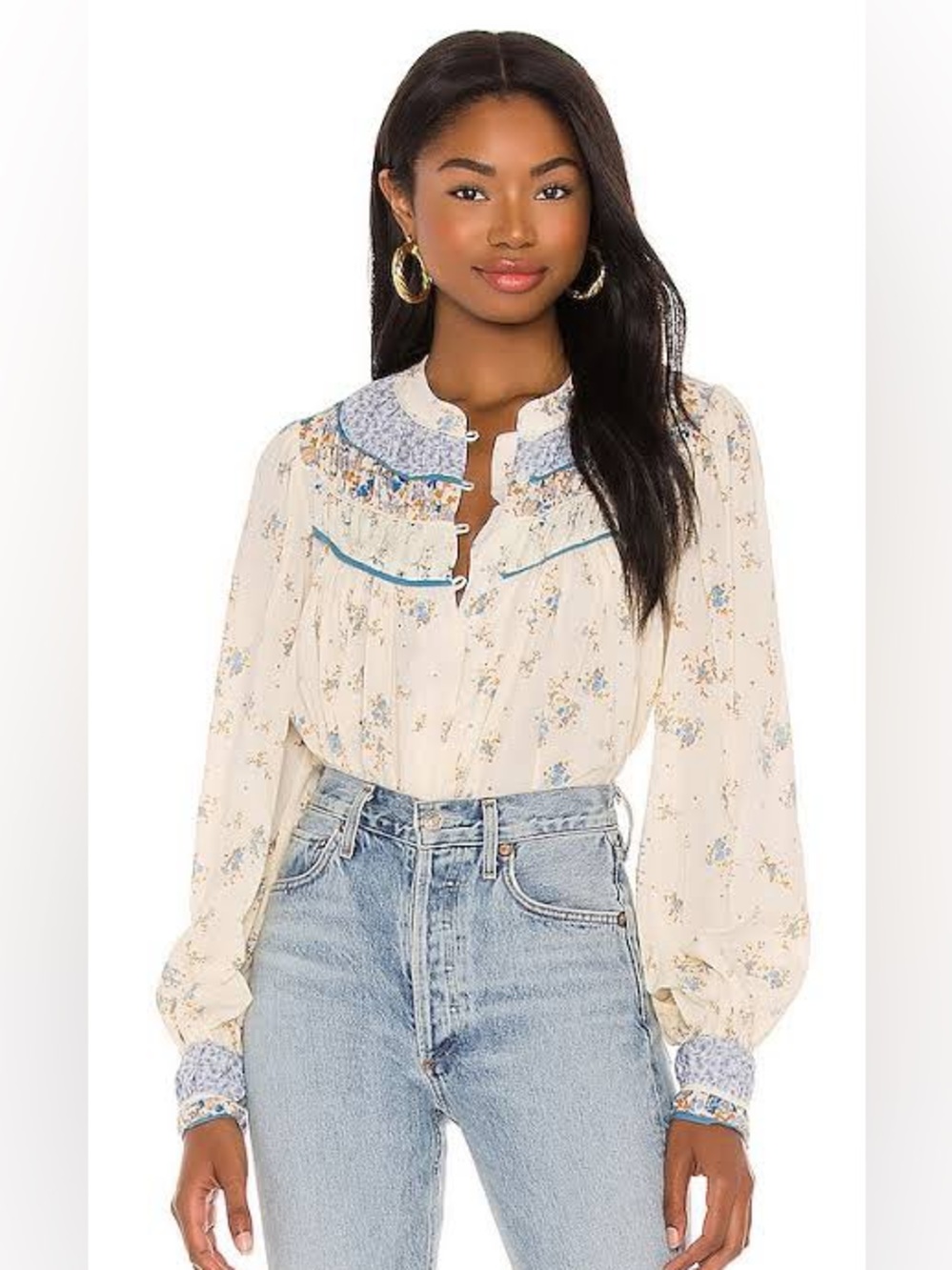 Free People Floral Ruffle Prairie Blouse Ivory Blue Boho Paloma print Size Large
